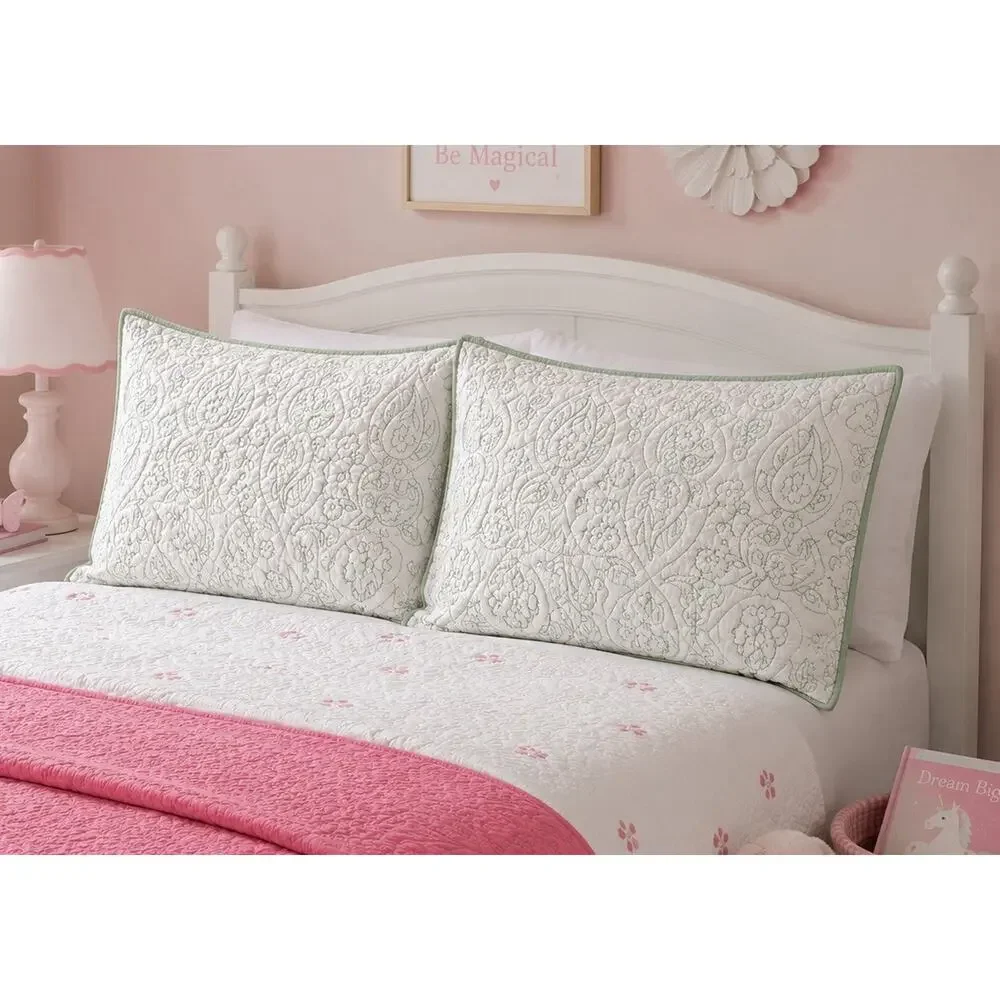 Pottery Barn Kids Pillow Sham Pink Green Paisley Quilted 2 Standard Reversible
